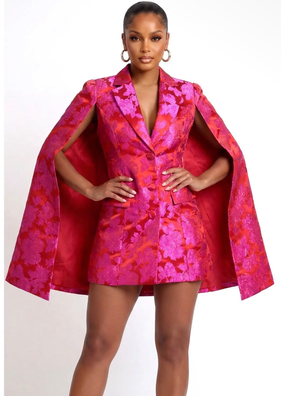 Women’s Pink-Red Floral Cape Blazer Dress